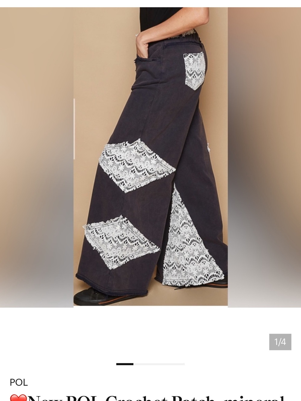 POL Black Wide Leg pants with White Crochet Patches
